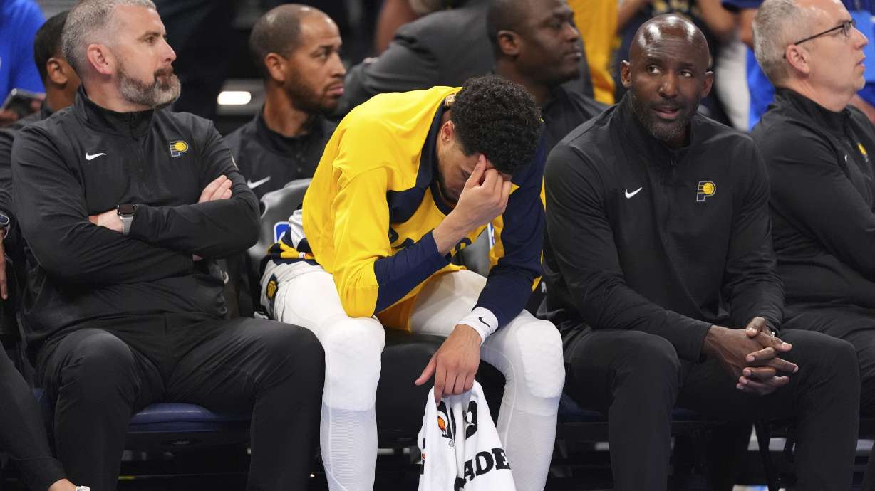 Indiana Pacers guard Tyrese Haliburton, center, reacts during the second half of Game 2 of the NBA Finals basketball series against the Oklahoma City Thunder Sunday, June 8, 2025, in Oklahoma City.