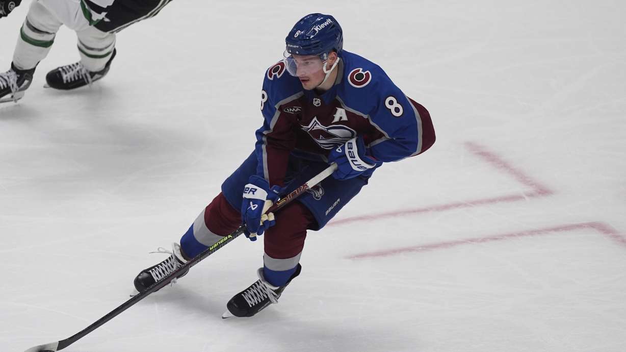FILE - Colorado Avalanche defenseman Cale Makar (8) in the third period of Game 6 of an NHL first-round hockey playoff series Thursday, May 1, 2025, in Denver.