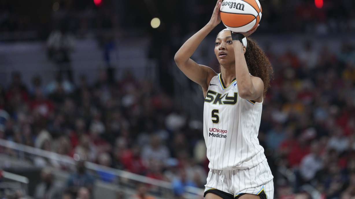 Chicago Sky forward Angel Reese shoots during a WNBA basketball game against the Indiana Fever in Indianapolis, Saturday, May 17, 2025.