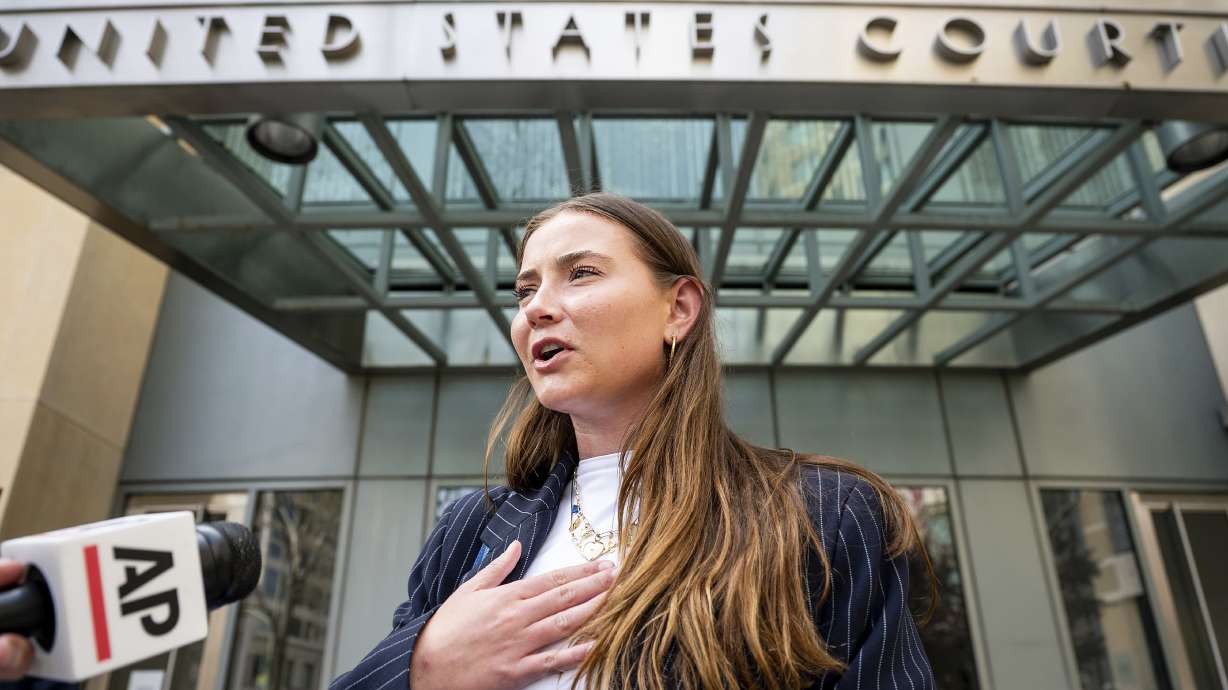 FILE - College soccer player Lexi Drumm leaves federal court during a hearing for a landmark $2.8 billion settlement impacting NCAA college athletics on Monday, April 7, 2025, in Oakland, Calif.