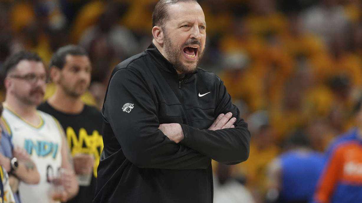 New York Knicks head coach Tom Thibodeau yells from the sideline during the first half of Game 6 of the Eastern Conference finals of the NBA basketball playoffs against the Indiana Pacers in Indianapolis, Saturday, May 31, 2025.