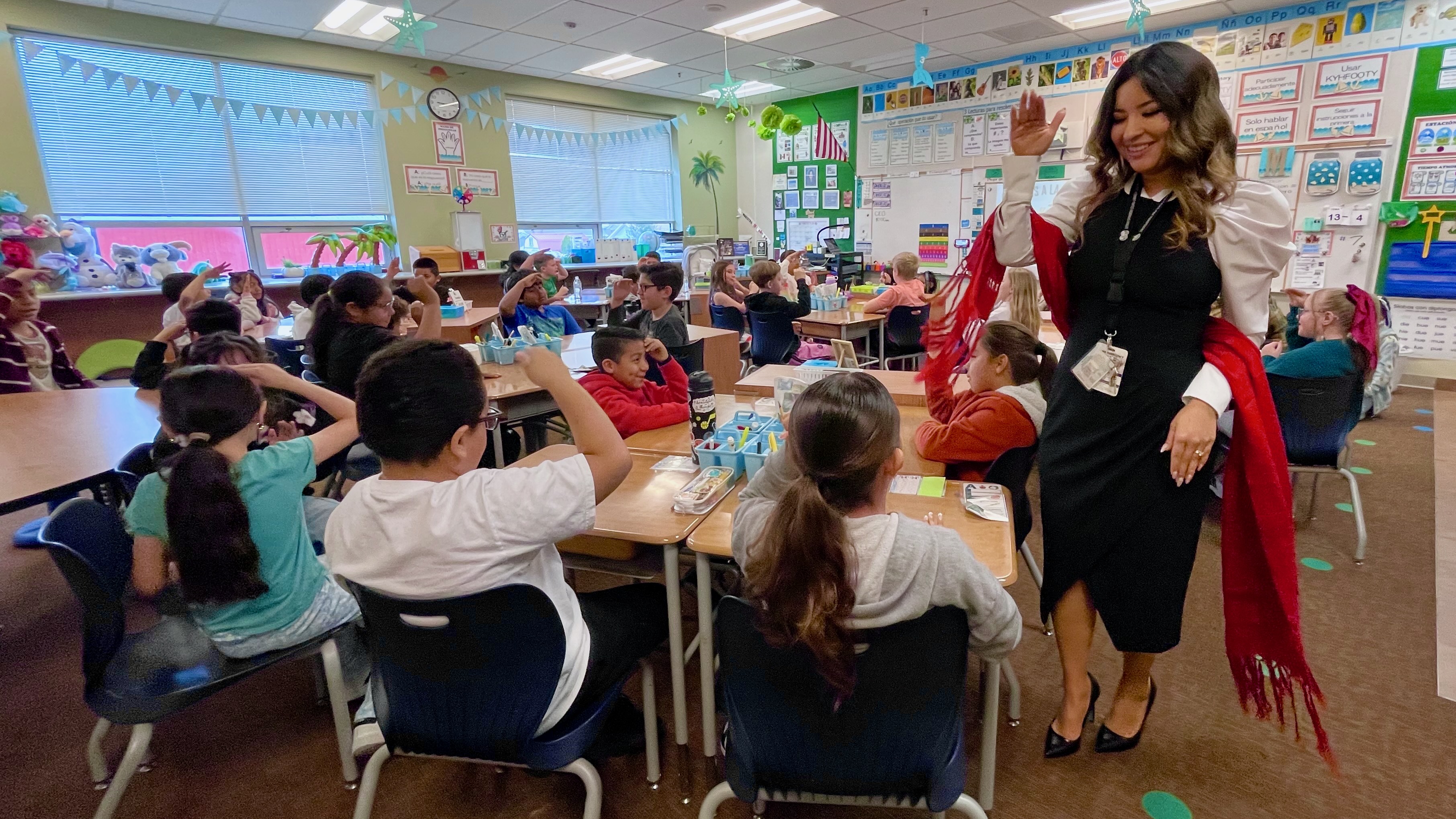 Lucia de la Cruz Rodriguez with students in her dual-language class at Midvale Elementary in Midvale on April 4. Utah school officials worry about the future of a visa program key to the state's dual-language immersion programs.