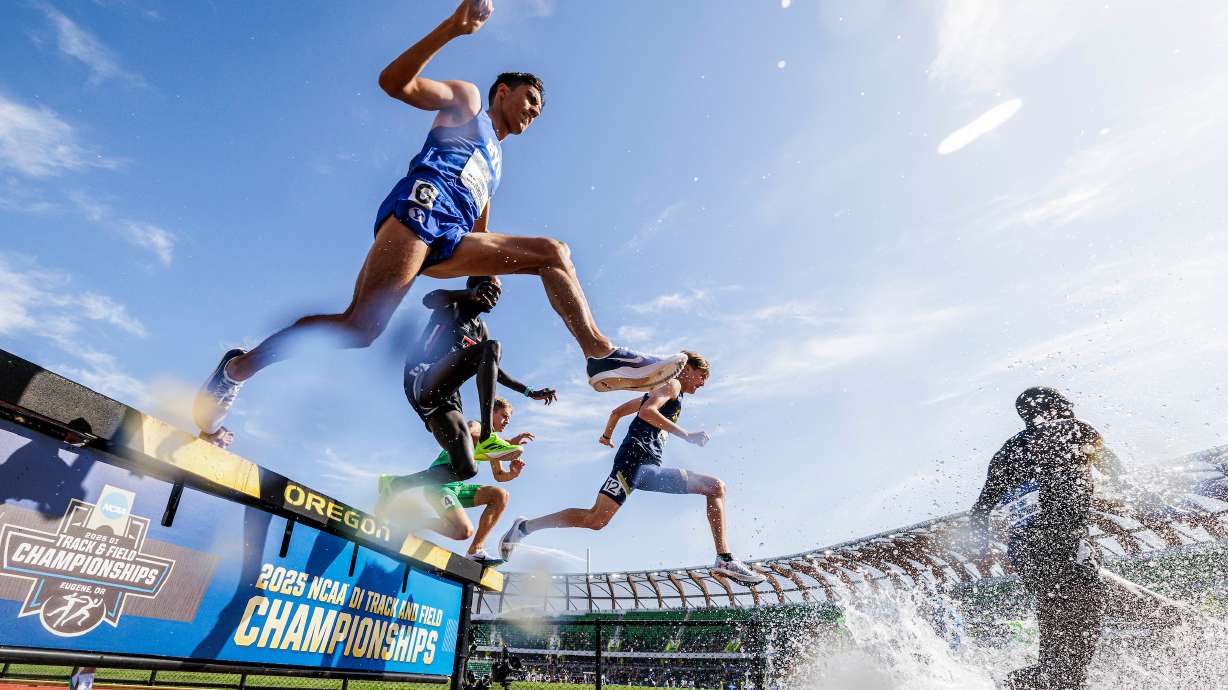 BYU's James Corrigan advanced to the finals of the 3,000-meter steeplechase, Wednesday, June 11, 2025 at the NCAA outdoor track and field championships in Eugene, Oregon.