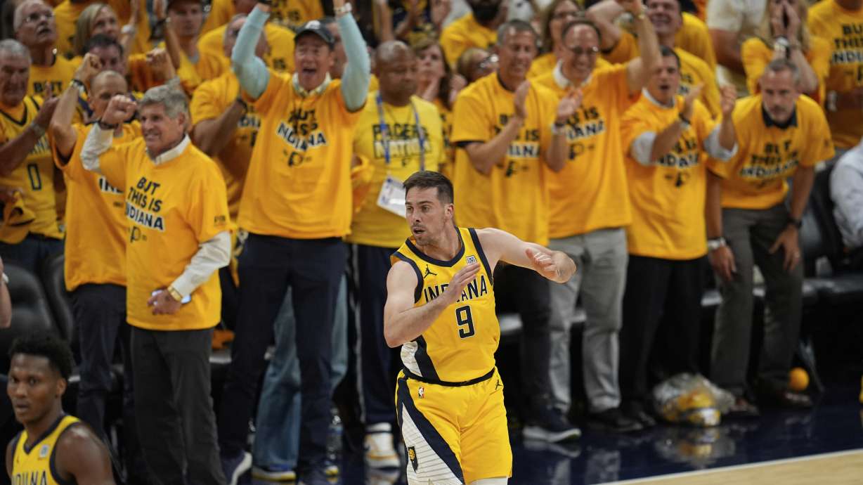 Indiana Pacers guard T.J. McConnell celebrates a basket against the Oklahoma City Thunder during the second half of Game 3 of the NBA Finals basketball series, Wednesday, June 11, 2025, in Indianapolis.