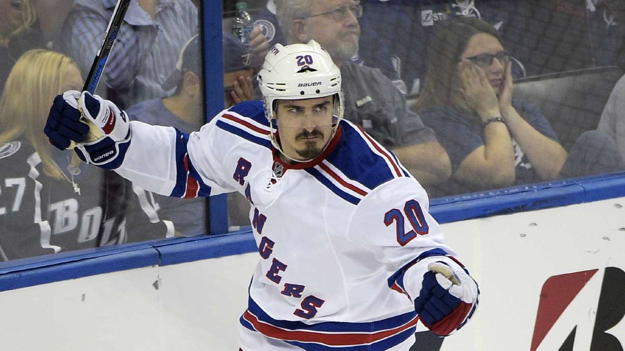 FILE - New York Rangers' Chris Kreider celebrates after scoring a goal during the second period of Game 4 of the Eastern Conference finals against the Tampa Bay Lightning, in the NHL hockey Stanley Cup playoffs, May 22, 2015, in Tampa, Fla.