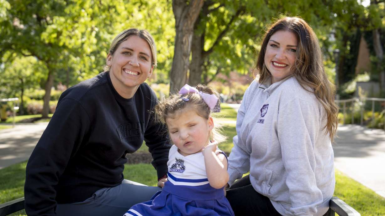 Ogden sisters Kassie and Kari Harbath, along with Kari’s daughter, Sloan, on Sept. 23, 2024. The sisters created a scholarship fund for their late mother, who loved Weber State University.