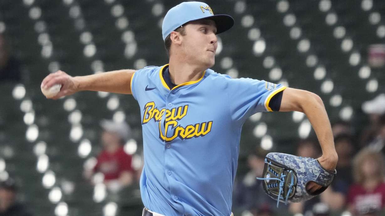 Milwaukee Brewers pitcher Jacob Misiorowski throws against St. Louis Cardinals' Lars Nootbaar as he makes his major league debut during the first inning of a baseball game Thursday, June 12, 2025, in Milwaukee.