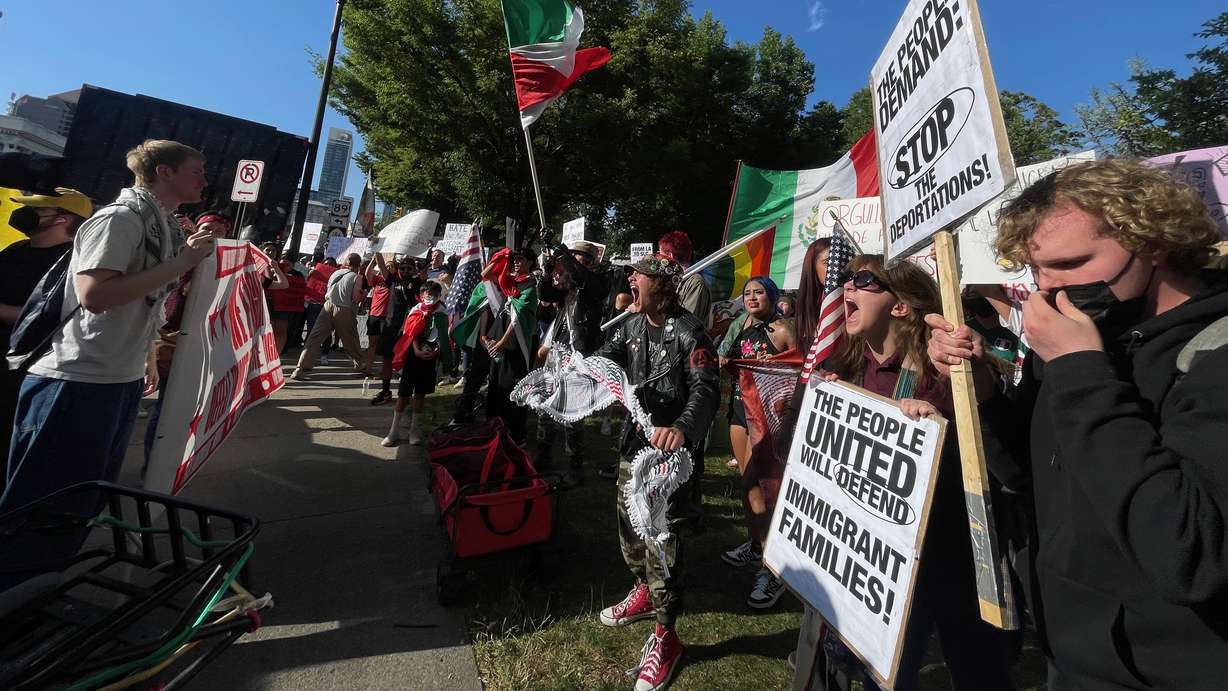 An estimated 600 demonstrators gathered Thursday, June 12, 2025, in Salt Lake City to advocate for immigrants and to protest Immigration and Customs Enforcement.