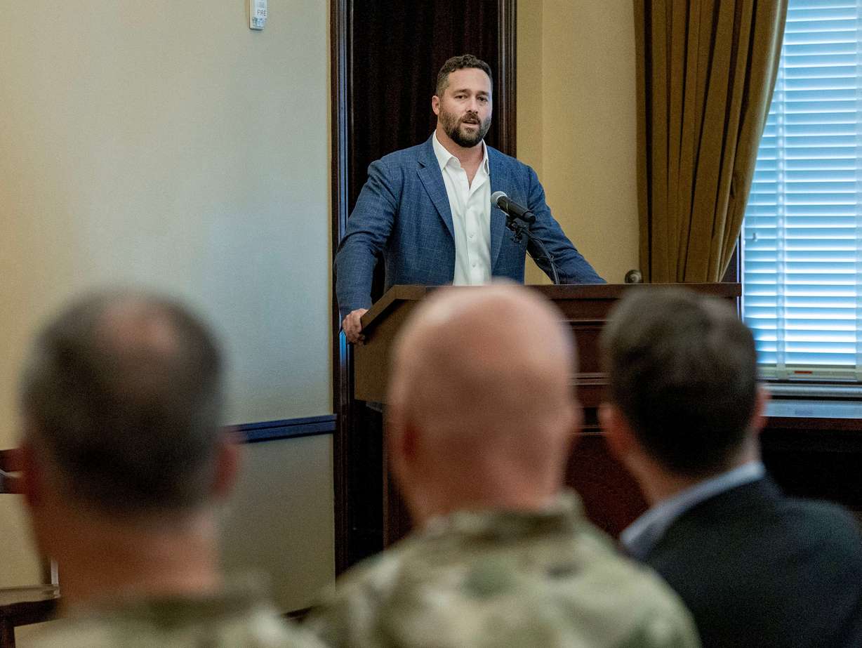 Drew DeWalt with Utah Energy speaks at a press conference at the Capitol in Salt Lake City, where the Utah National Guard, Utah Energy and others outlined a plan to put a potential uranium processing facility at Camp Williams on Thursday.