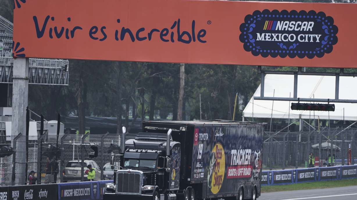 The hauler transporting Chase Briscoe's team race car arrives at the Hermanos Rodriguez race track ahead of the upcoming NASCAR Cup Series, in Mexico City, Thursday, June 12, 2025.