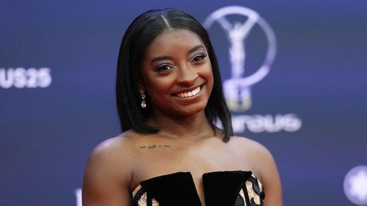 FILE - Simone Biles, of the United States, poses during the 2025 Laureus World Sports Awards in Madrid, Spain, Monday, April 21, 2025.