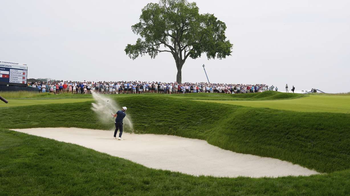 Viktor Hovland, of Norway, hits from a bunker on the second hole during the second round of the U.S. Open golf tournament at Oakmont Country Club Friday, June 13, 2025, in Oakmont, Pa.