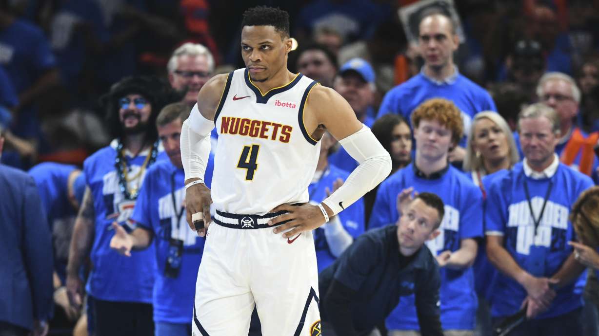 Denver Nuggets' Russell Westbrook (4) stands on the court late in the second half of Game 7 in the Western Conference semifinals of the NBA basketball playoffs against the Oklahoma City Thunder, Sunday, May 18, 2025, in Oklahoma City.