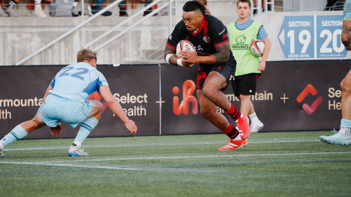 Utah Warriors flanker Lance Williams carries the ball against RFC Los Angeles during a Major League Rugby match, Saturday, June 7, 2025 at Zions Bank Stadium in Herriman, Utah.