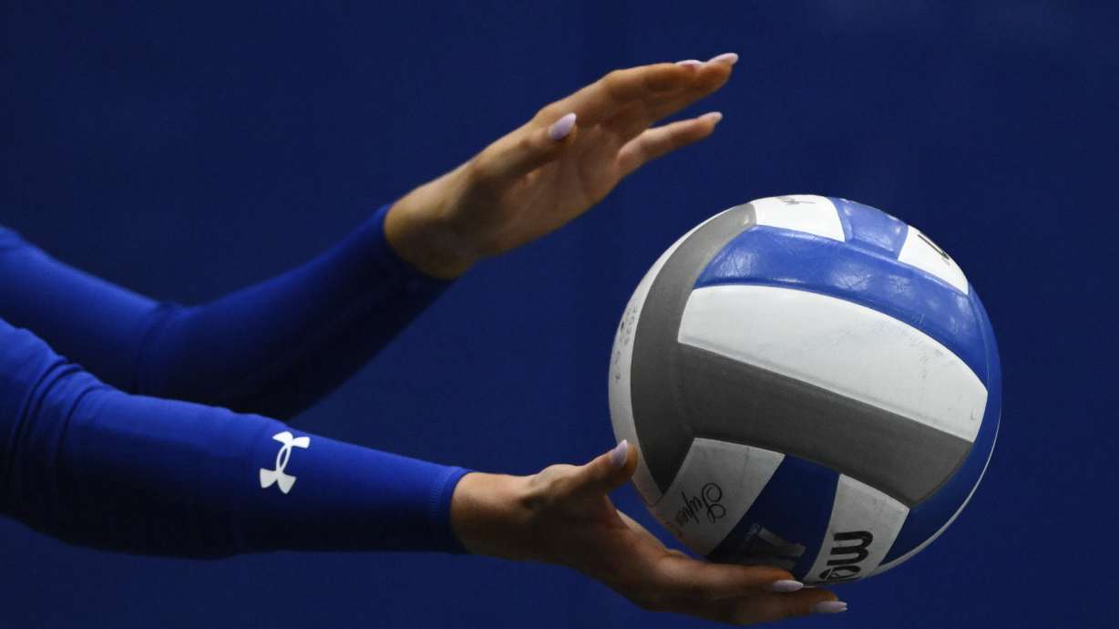 FILE - A San Jose State Spartans player prepares to serve against the Air Force Falcons during the fifth set of an NCAA college volleyball match Thursday, Oct. 31, 2024, in San Jose, Calif.