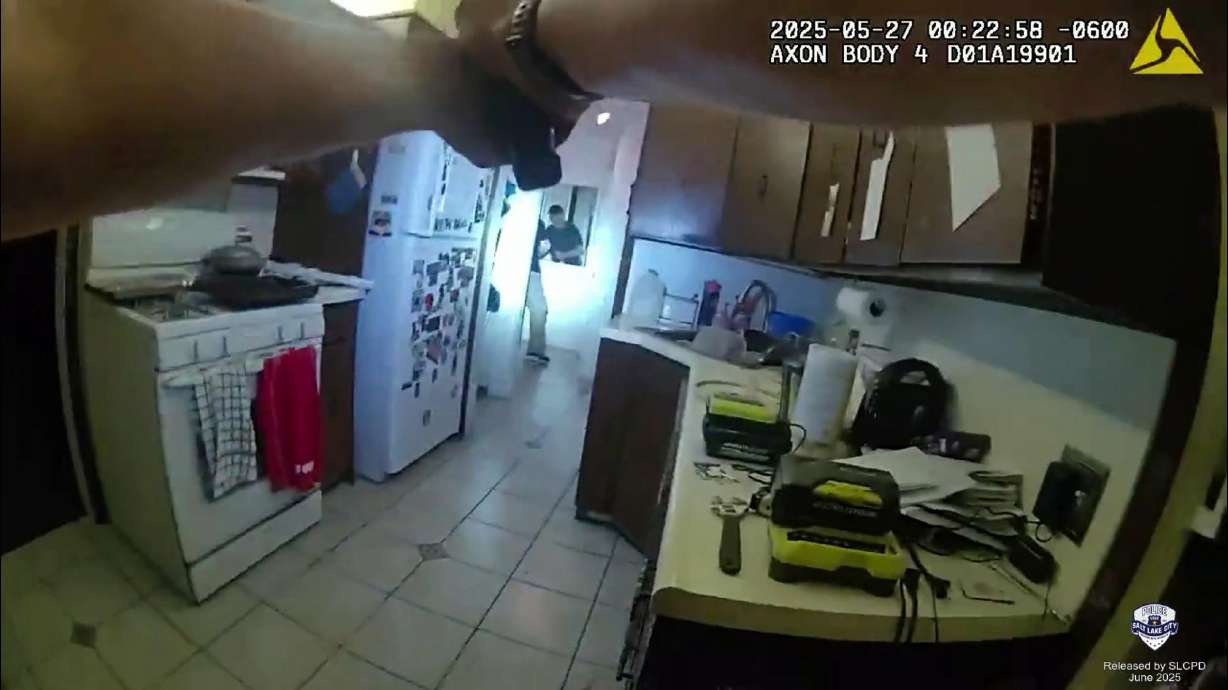 Salt Lake police confront Christian Thomas Allen, 60, after he broke into his estranged wife's home on May 27 and threatened to harm her. Body camera video shows the man, armed with a knife, being shot and killed by officers moments later.