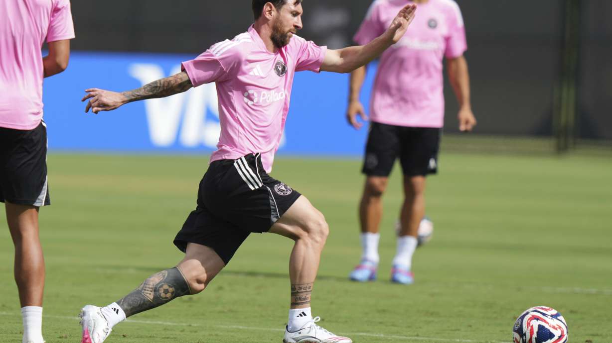 Inter Miami forward Lionel Messi does drills during a training session Friday, June 13, 2025, in Fort Lauderdale, Fla. in preparation for a Club World Cup soccer match Saturday.