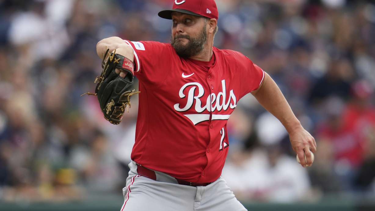 Cincinnati Reds' Wade Miley pitches in the first inning of a baseball game against the Cleveland Guardians in Cleveland, Monday, June 9, 2025.