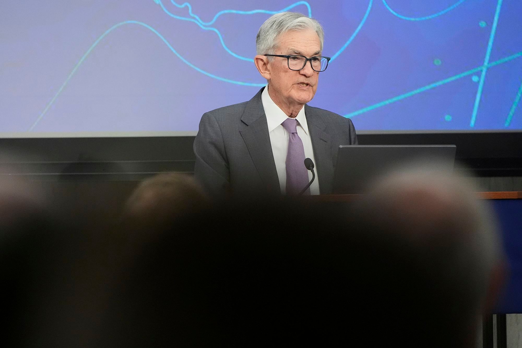 Fed Chair Jerome Powell speaks at the 75th anniversary conference of the Federal Reserve Board's International Finance Division in Washington on June 2.