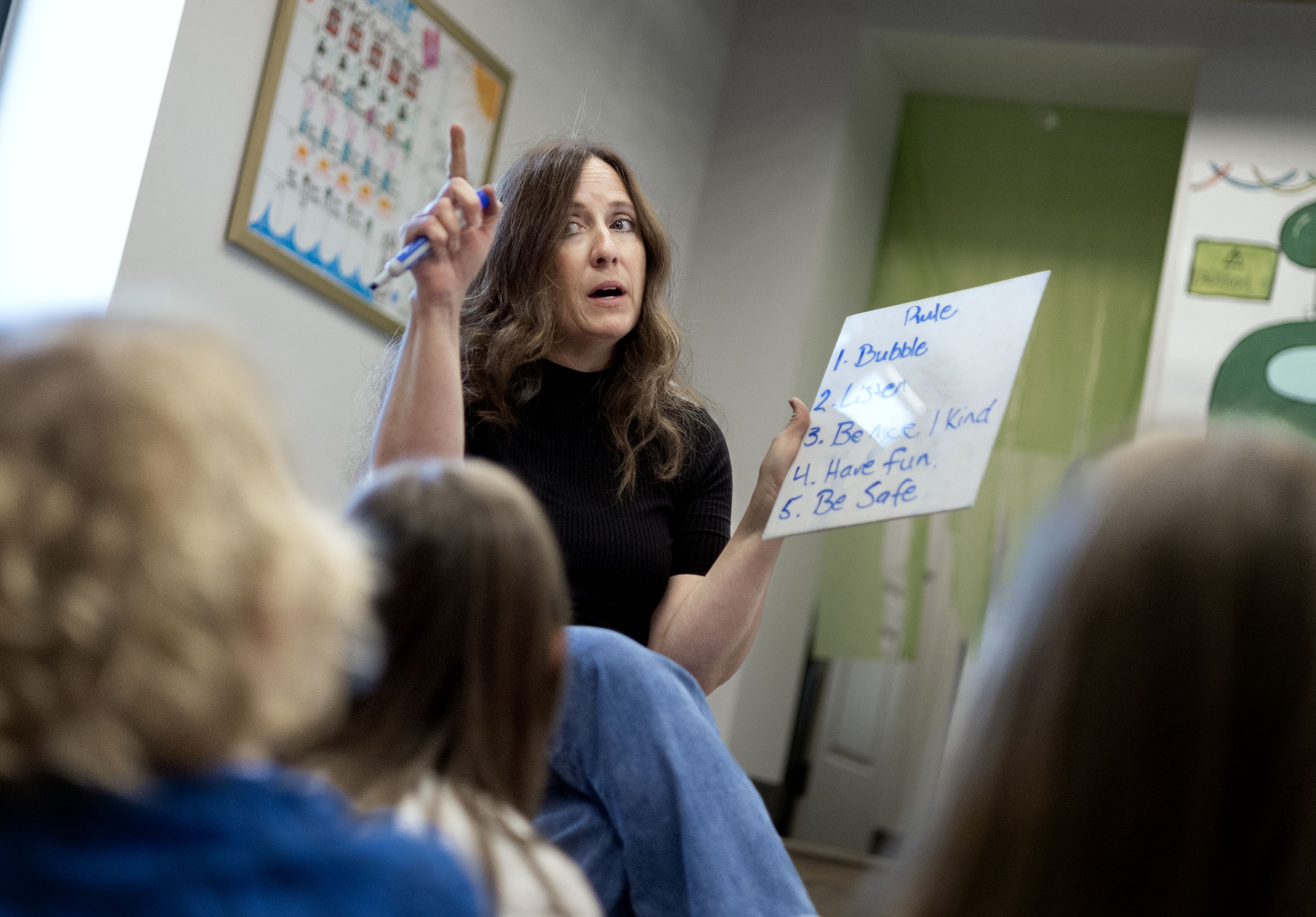 Jaime Hamilton, a communication expert and fierce advocate for bullying awareness, speaks with her students about techniques on how to handle being bullied at Utah STEM and Arts Academy in Lehi on Wednesday, June 11, 2025.