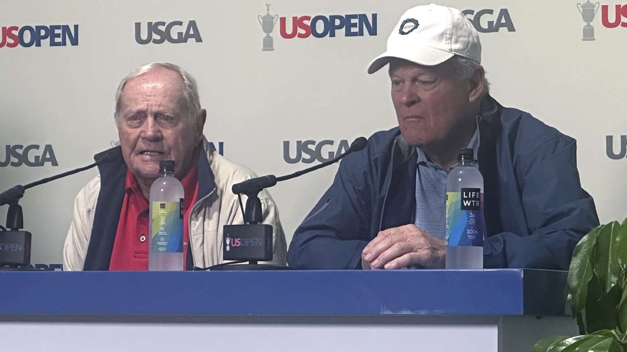 U.S. Open champions Jack Nicklaus, left, and Johnny Miller speak during a news conference during the third round of the U.S. Open golf tournament at Oakmont Country Club Saturday, June 14, 2025, in Oakmont, Pa.