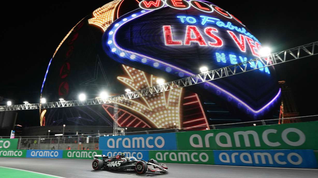FILE- Haas driver Nico Hulkenberg, of Germany, runs a warm up lap during the F1 Las Vegas Grand Prix auto race, Saturday, Nov. 23, 2024, in Las Vegas.