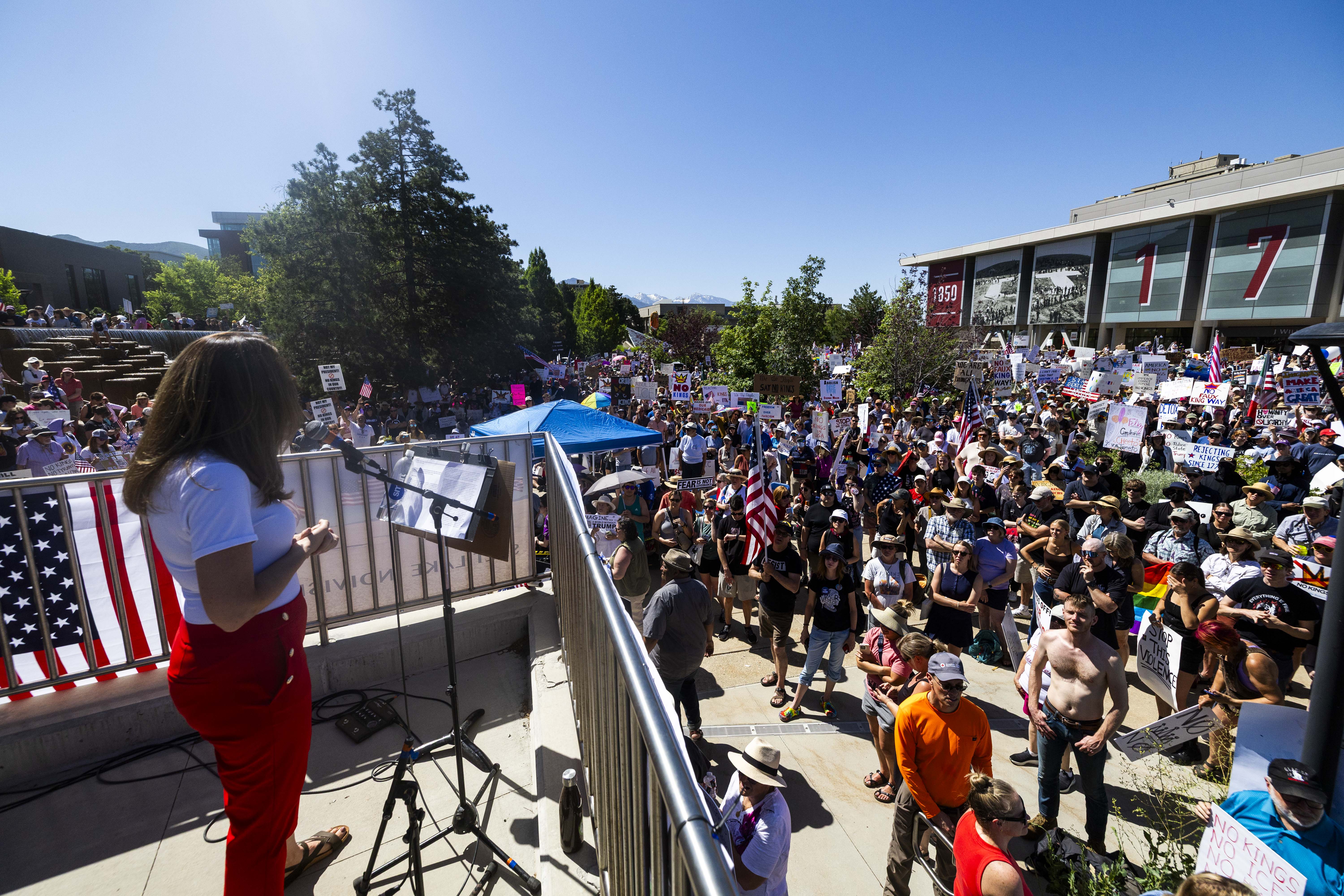 Teneille Brown speaks to protesters during a “No Kings” protest outside of the J. Willard Marriott Library on the campus of the University of Utah in Salt Lake City on Saturday.