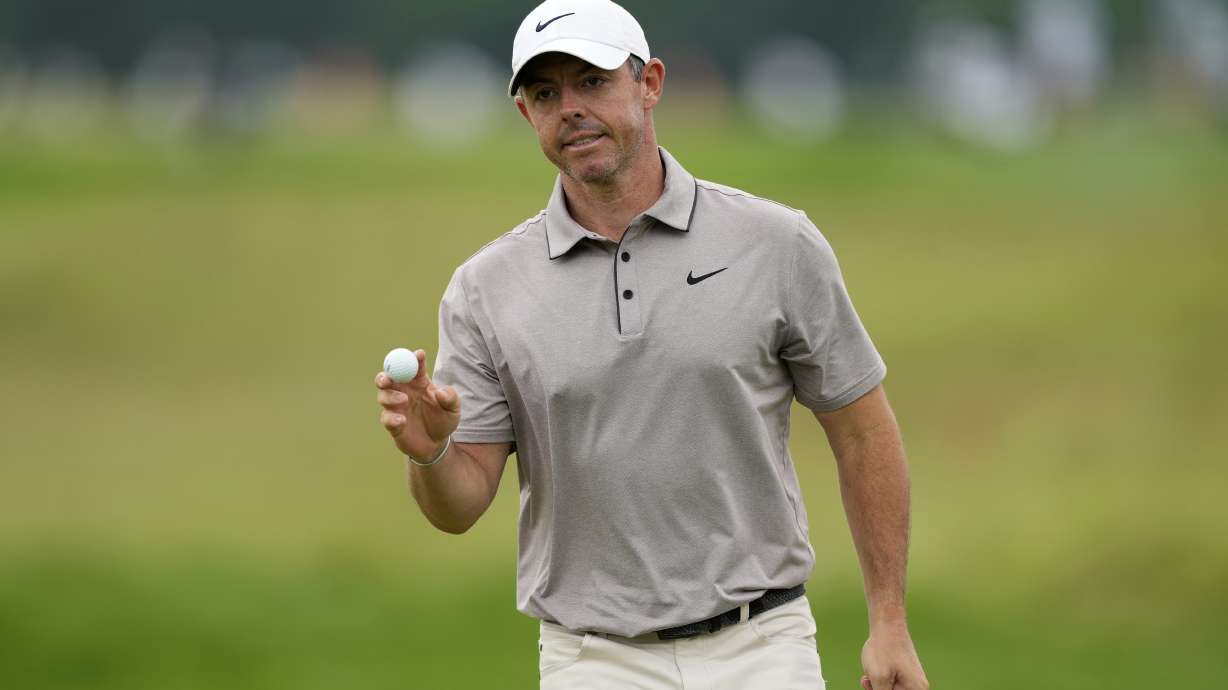 Rory McIlroy, of Northern Ireland, after sinking a putt on the eighth hole during the third round of the U.S. Open golf tournament at Oakmont Country Club Saturday, June 14, 2025, in Oakmont, Pa.
