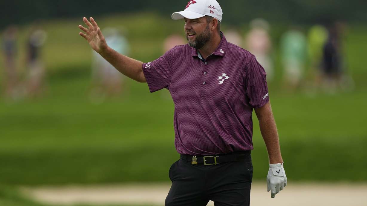 Marc Leishman, of Australia, celebrates after making birdie on the eighth hole during the third round of the U.S. Open golf tournament at Oakmont Country Club Saturday, June 14, 2025, in Oakmont, Pa.