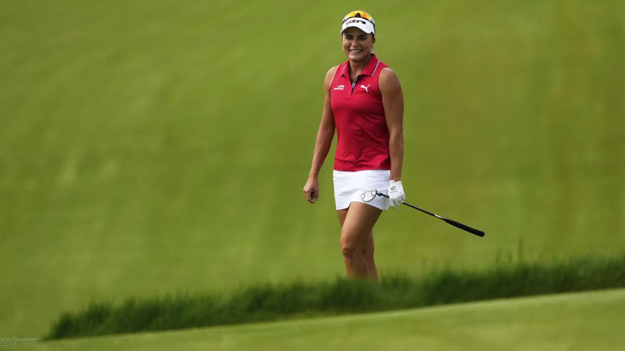 Lexi Thompson smiles on the 11th hole during the first round of the U.S. Women's Open golf tournament at Erin Hills Thursday, May 29, 2025, in Erin, Wis.