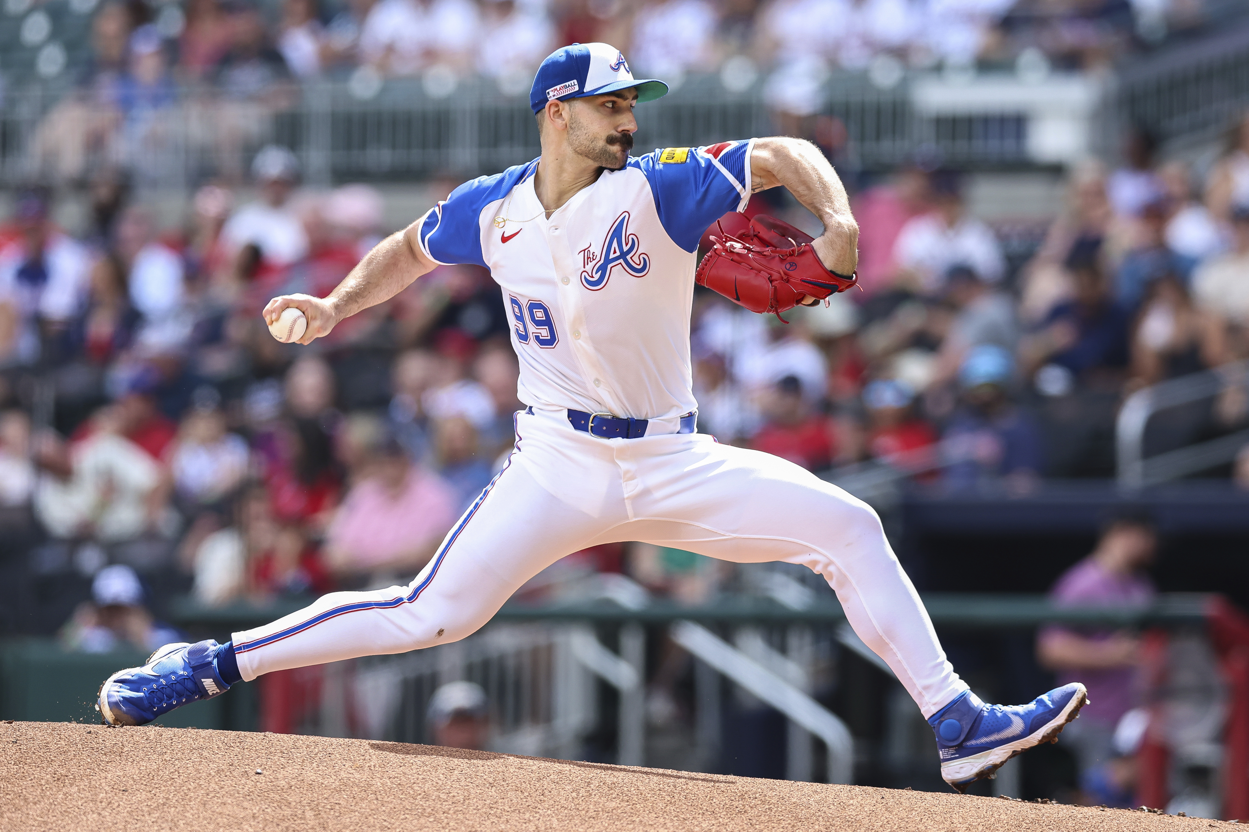 Atlanta Braves pitcher Spencer Strider (99) delivers in the first inning of a baseball game against the Colorado Rockies, Saturday, June 14, 2025, in Atlanta.