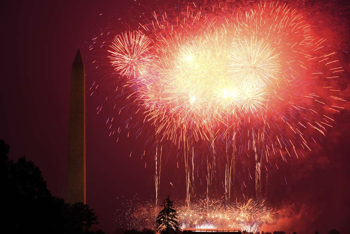 Fireworks burst over the Ellipse during an event to honor the Army's 250th anniversary, coinciding with President Donald Trump's 79th birthday, Saturday in Washington. The parade was marred by a day of discord and violence.