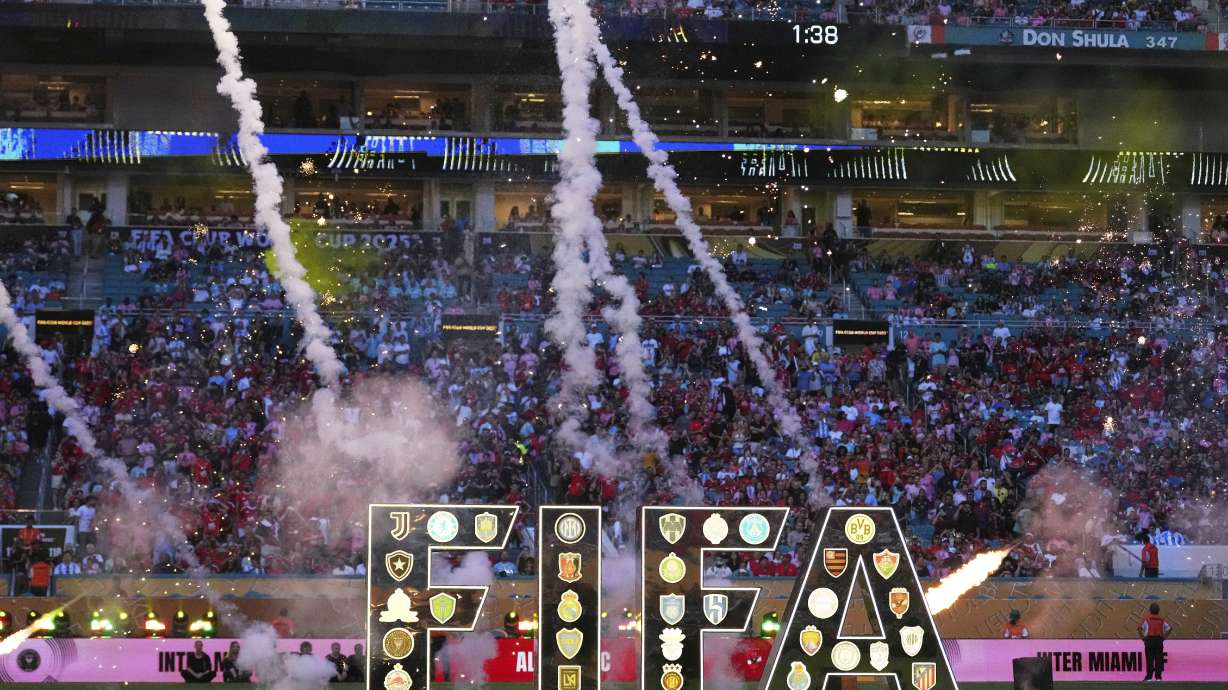 The FIFA logo is emblazoned with the club crests of competing teams prior to the Club World Cup group A soccer match between Al Ahly and Inter Miami in Miami, Fla., Saturday, June 14, 2025.