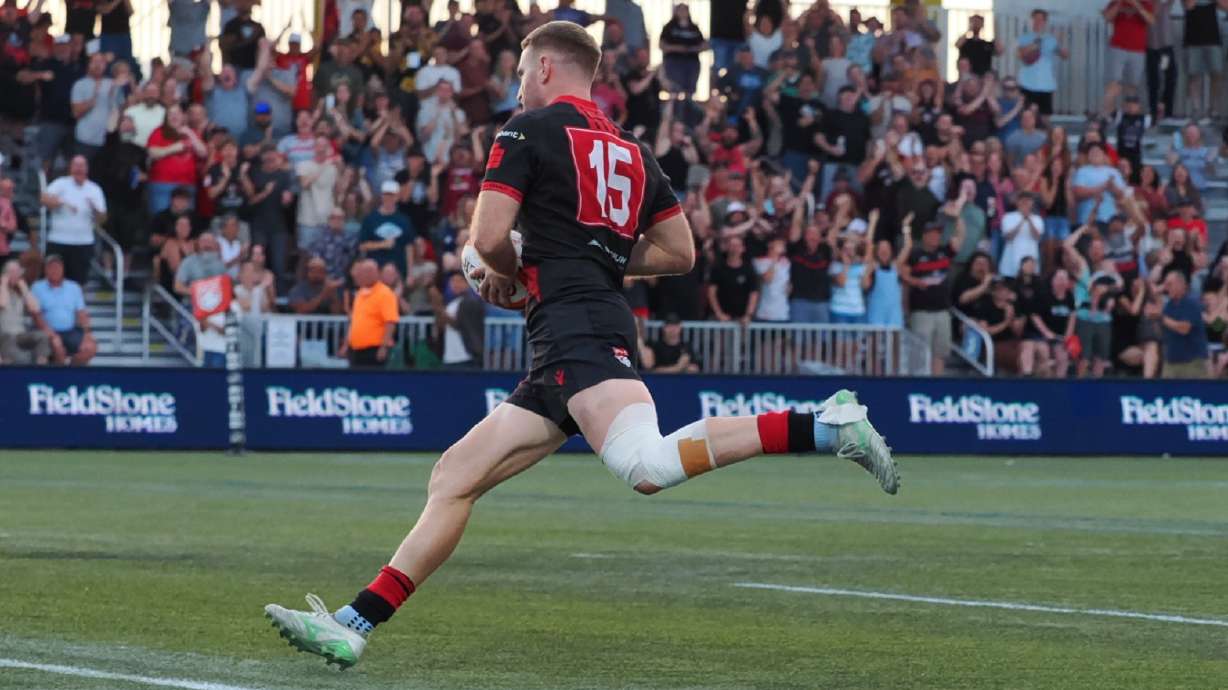 Jordan Trainor runs for a try during the Utah Warriors' 23-21 win over the Seattle Seawolves in a Major League Rugby western conference semifinal, Saturday, June 15, 2025 at Zions Bank Stadium in Herriman.