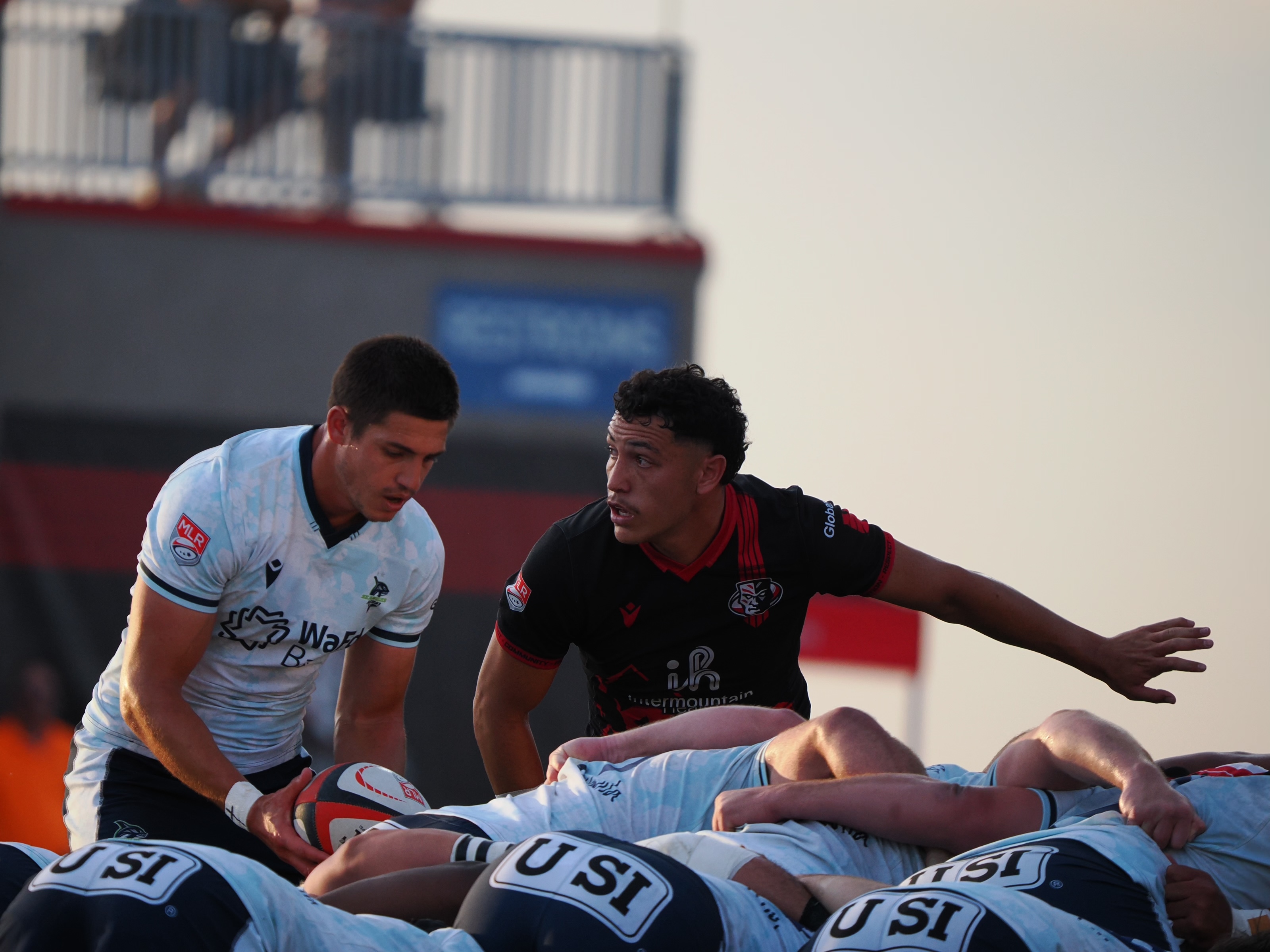 Utah scrumhalf Zion Going directs his teammates in a scrum during the Utah Warriors' 23-21 win over the Seattle Seawolves in a Major League Rugby western conference semifinal, Saturday, June 15, 2025 at Zions Bank Stadium in Herriman.