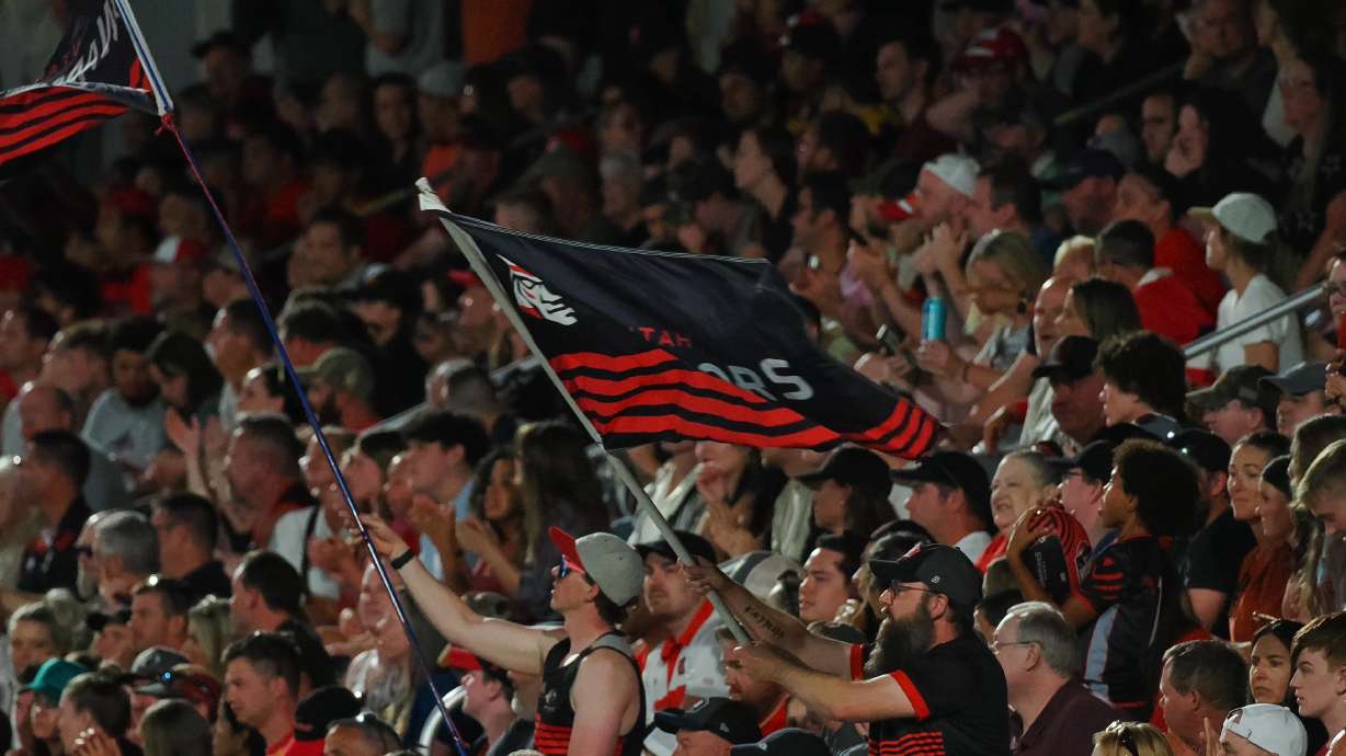 Utah Warrior fans during the Utah Warriors' 23-21 win over the Seattle Seawolves in a Major League Rugby western conference semifinal, Saturday, June 15, 2025 at Zions Bank Stadium in Herriman.