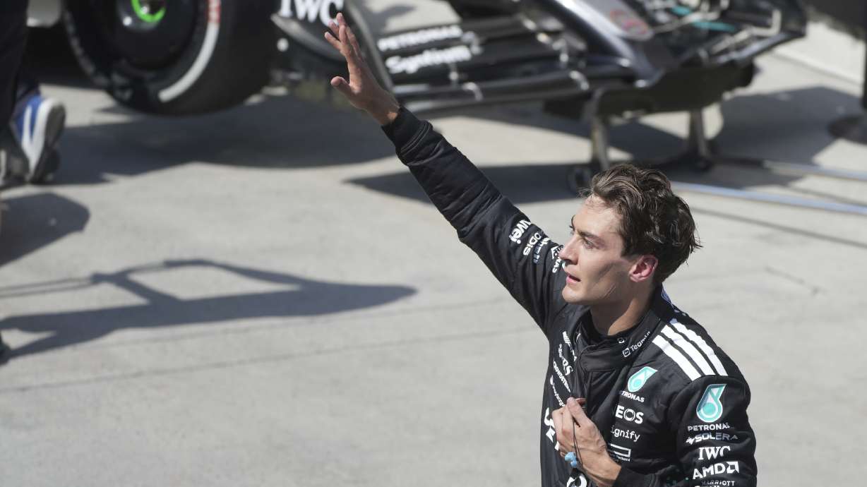 Mercedes driver George Russell, of the United Kingdom, celebrates after winning the F1 Canadian Grand Prix auto race in Montreal, Sunday, June 15, 2025.