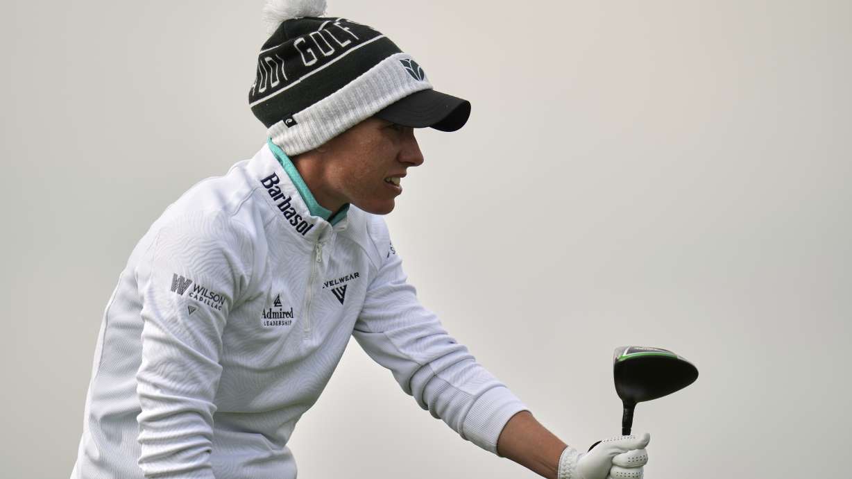 Carlota Ciganda, of Spain, watches her drive on the third hole during the first round of the U.S. Women's Open golf tournament at Erin Hills Thursday, May 29, 2025, in Erin, Wis.