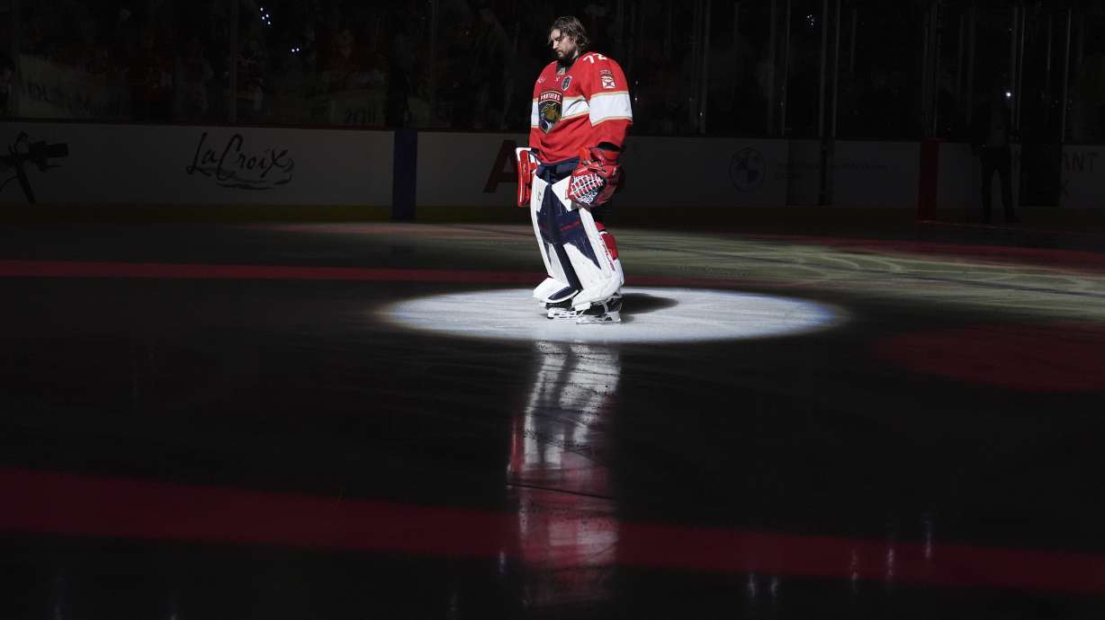 Florida Panthers goaltender Sergei Bobrovsky (72) stands on the ice before the start of Game 3 of the NHL Stanley Cup final against the Edmonton Oilers Monday, June 9, 2025, in Sunrise, Fla.