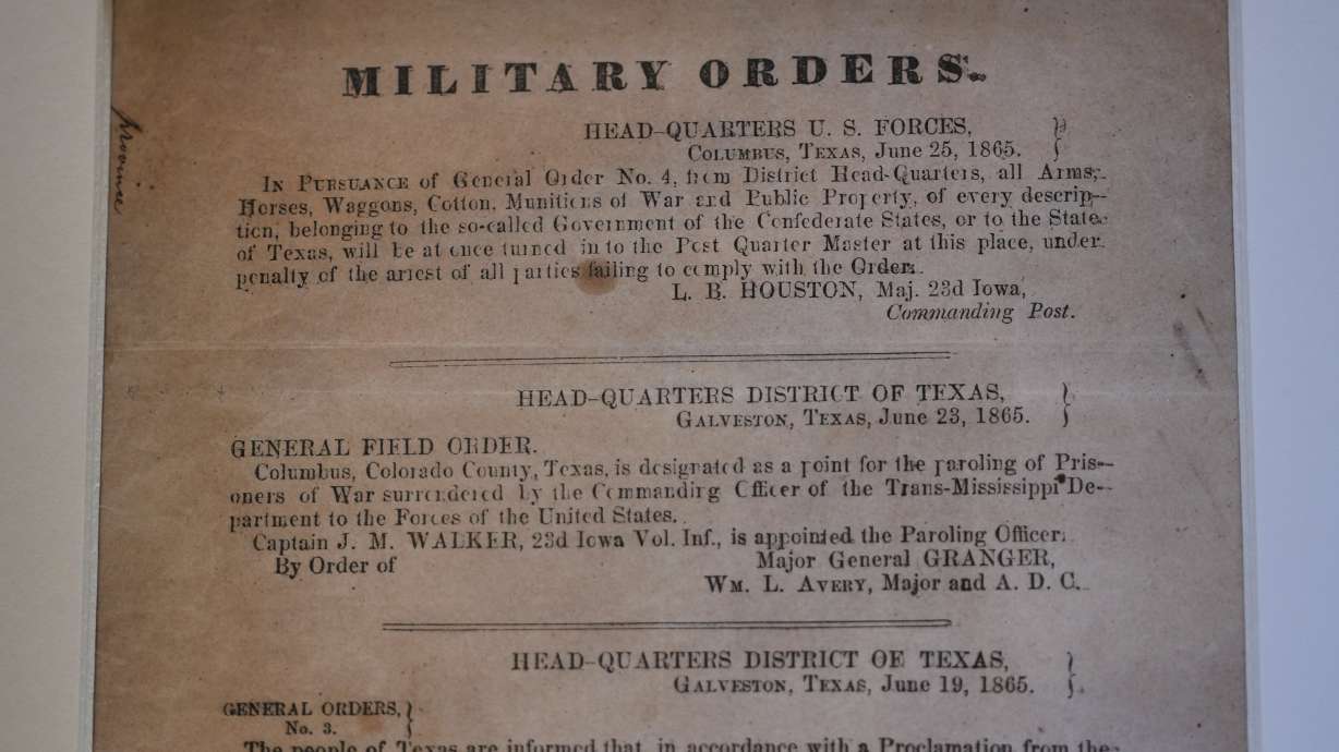A view of a section of the 1865 Juneteenth General Order No. 3 that is displayed by the Dallas Historical Society at the Fair Park Hall of State in Dallas, June 6.