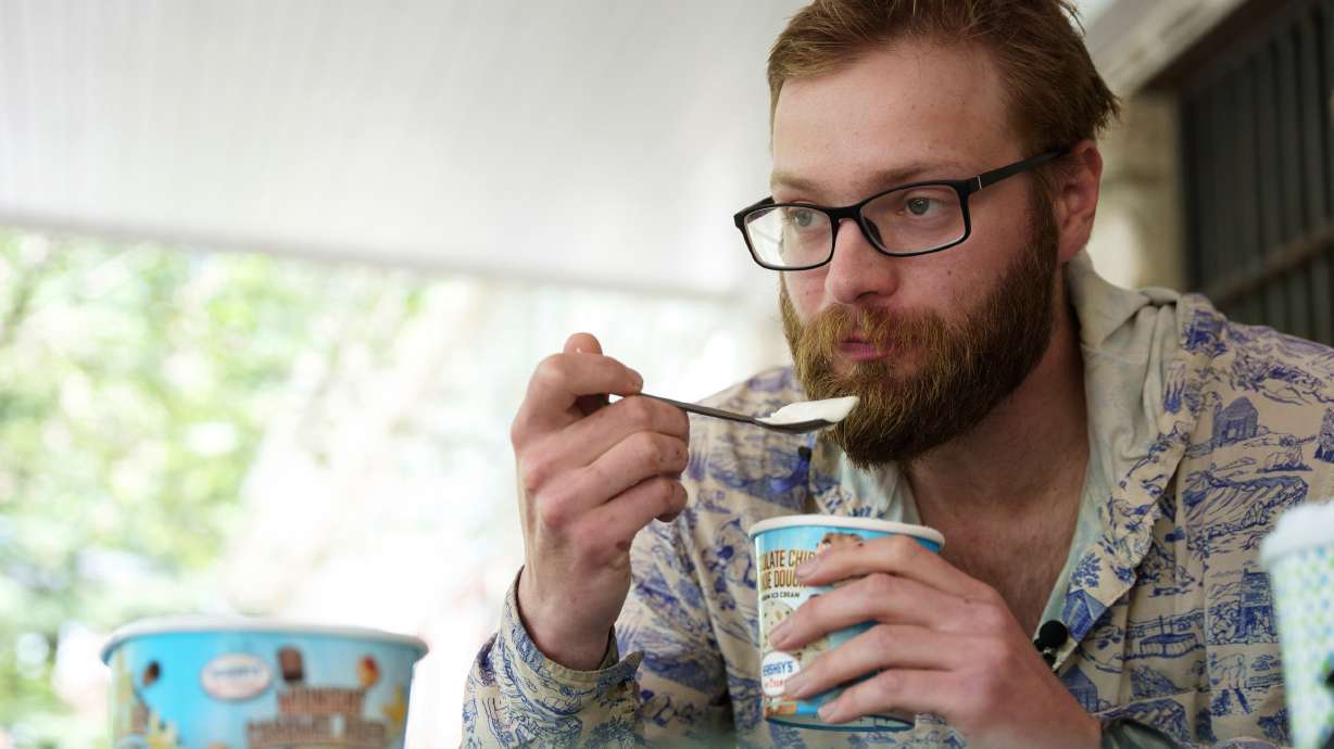 Appalachian Trail thru-hiker Sam Cooper, trail name Pie Top, attempts the half-gallon ice cream challenge at Pine Grove Furnace State Park in Pennsylvania on Tuesday, June 10, 2025.