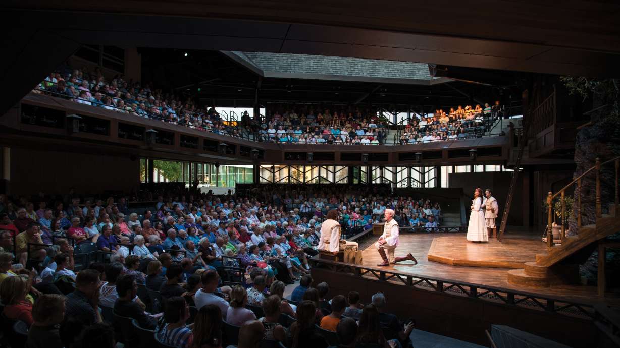 This photo shows a scene from the Utah Shakespeare Festival’s 2016 production of "Much Ado About Nothing" in the Engelstad Shakespeare Theatre in Cedar City.