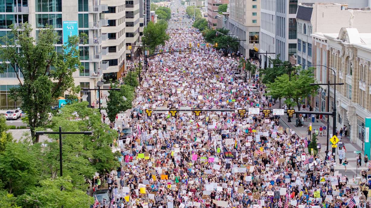 Protesters participate in a No Kings march in Salt Lake City on June 14. Emails obtained by KSL.com through a public records request show what the state told the Utah 50501 group before that protest where a participant was shot and killed.
