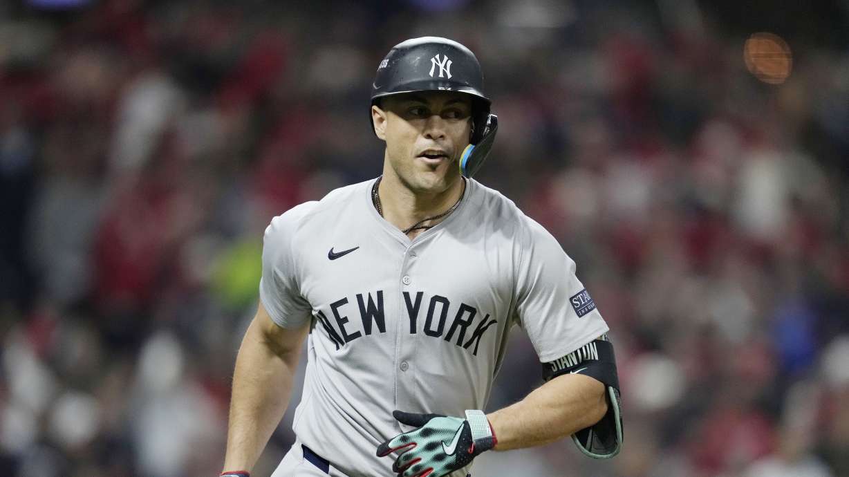 FILE - New York Yankees' Giancarlo Stanton runs the bases during the sixth inning in Game 4 of the baseball AL Championship Series against the Cleveland Guardians, Oct. 18, 2024, in Cleveland.