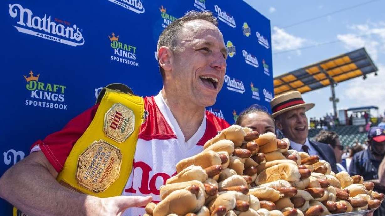 Joey Chestnut, winner of the 2021 Nathan's Famous Fourth of July International Hot Dog-Eating Contest, at Maimonides Park, July 4, 2021, in Brooklyn, N.Y. Chestnut is returning after a hiatus.