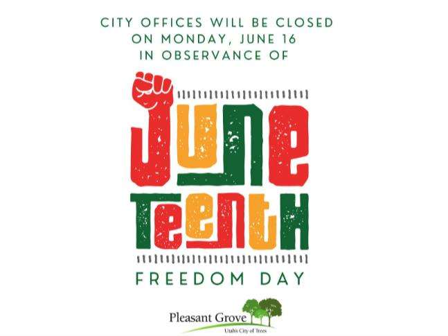 The image from a Pleasant Grove Facebook post announcing city offices would be closed Monday, June 16, to mark Juneteenth. Conservative critics decried the use of a fist in the image, and the post was later removed.