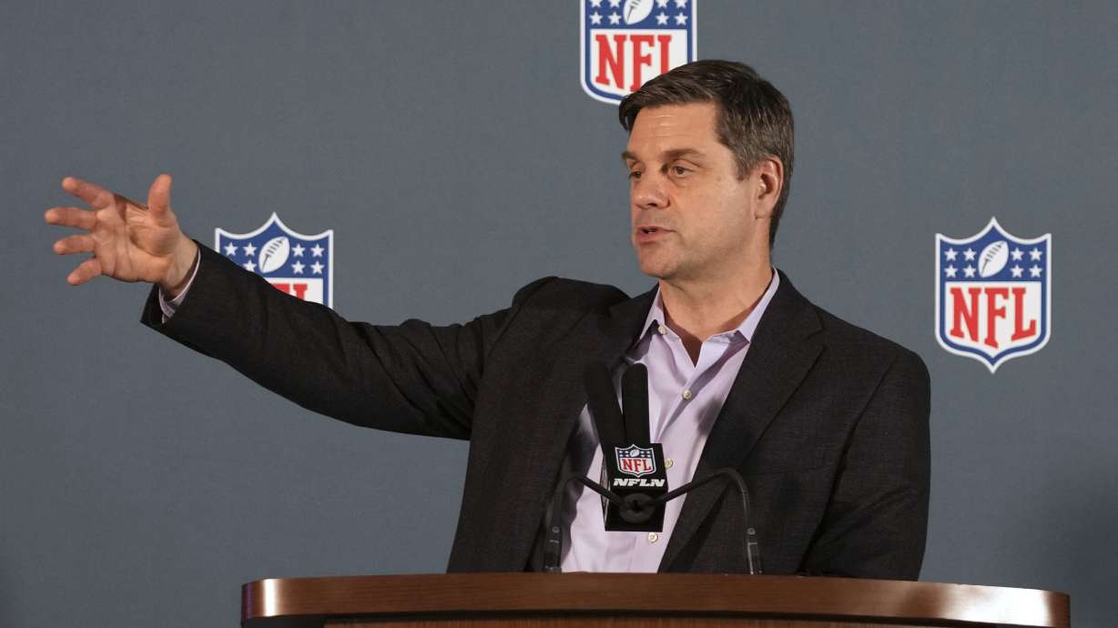 FILE - Brian Rolapp, NFL executive vice president and chief media and business officer, speaks during a news conference at the NFL football annual meetings, March 31, 2025, in Palm Beach, Fla.