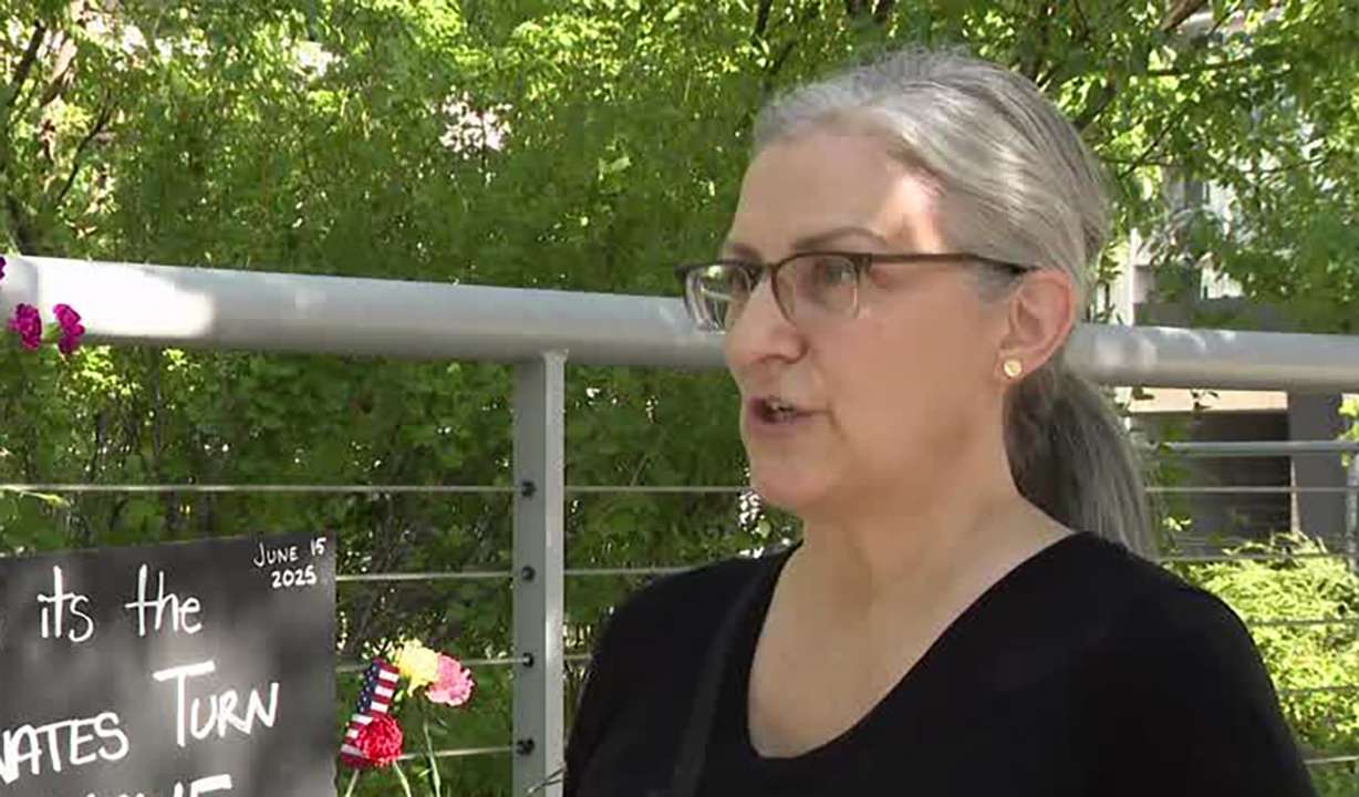 Kim Paturzo talks to KSL on Monday. She participated in the No Kings demonstration on Saturday and sheltered in St. Mark's Cathedral with others after a shooting.