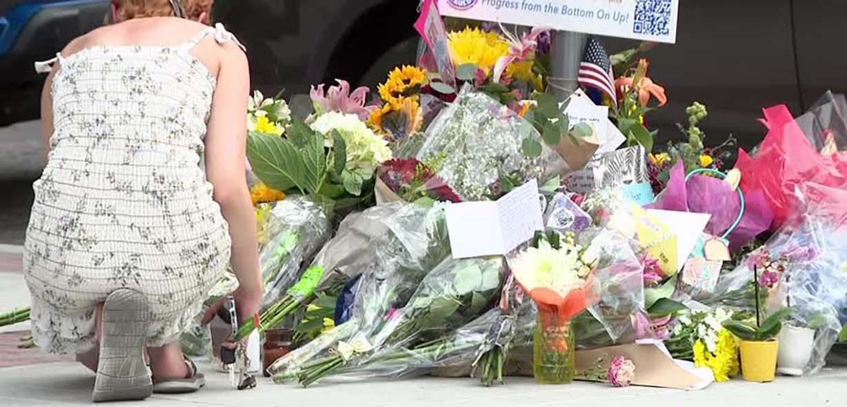A memorial for Afa Ah Loo, the protester killed during the No Kings rally on Saturday is shown on Monday in downtown Salt Lake City. A friend shared memories during a vigil there Monday night.
