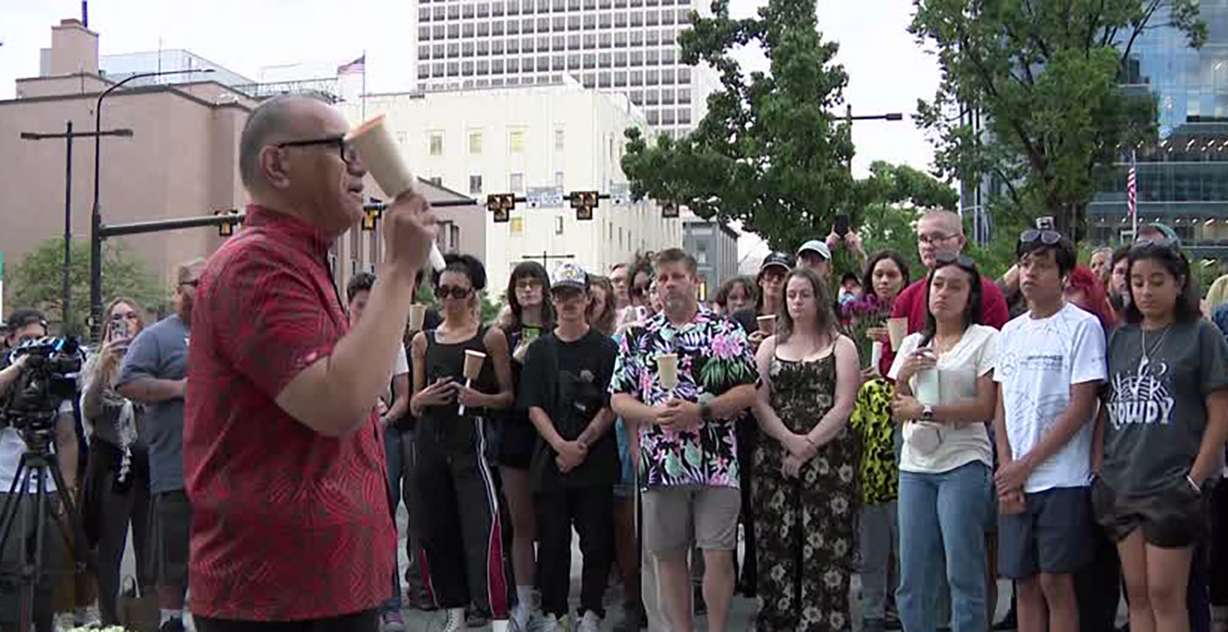 Richard Wolfgramm shares memories of his friend Afa Ah Loo, on Monday evening in downtown Salt Lake City. Ah Loo who was fatally shot during a No Kings rally on Saturday.